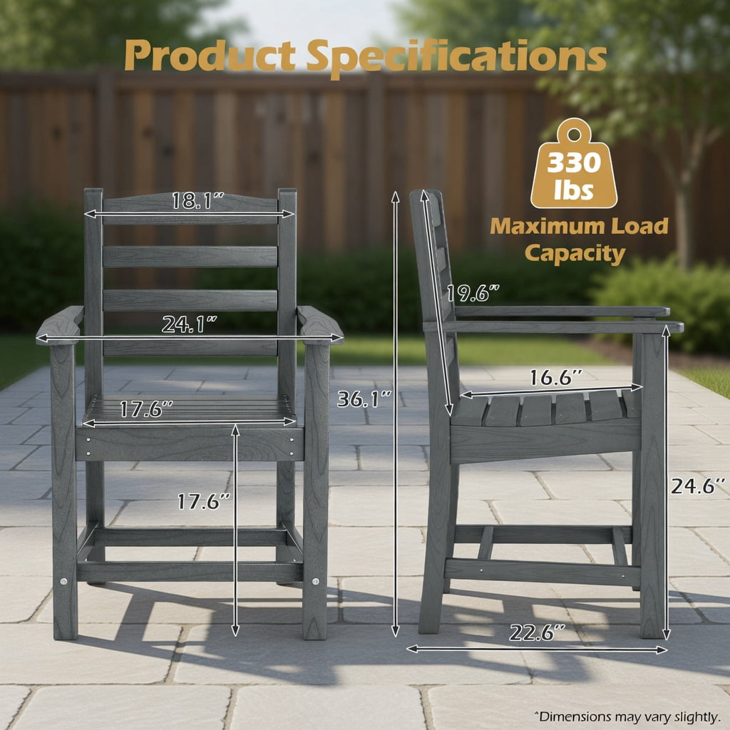 Hommoo 2-Pack HDPE All-Weather Outdoor Dining Chairs, Adirondack Patio Chairs with Wide Armrests, Rustic Wood-Look, Gray