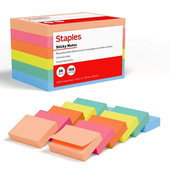 Staples Sticky Notes 1 3/8" x 1 7/8" Golden Hour Collection 100 Sheets/Pad 24 Pads/Pack (ST62863)