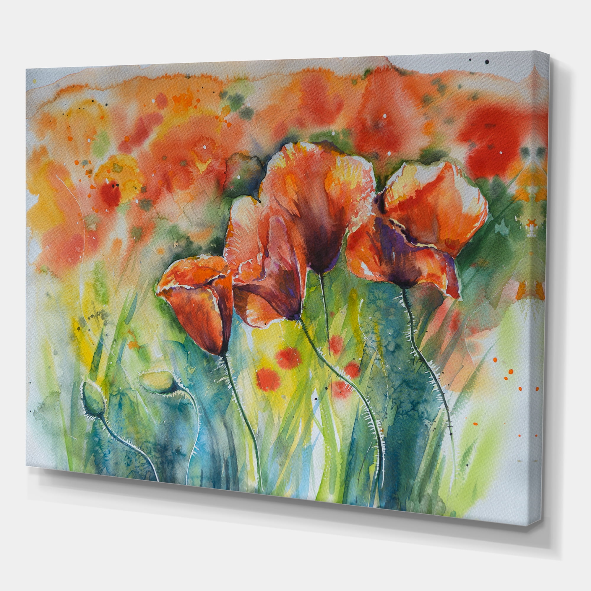 Designart ' Red Blossoming Poppies Over Wild Green IV ' Traditional Canvas Wall Art Print