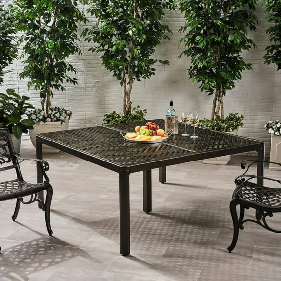 Modern Aluminum Dining Table, 61.25" Square, Gloss Black With Woven Accents, Rust , 8 Seats Poolside Area 62" Outdoor