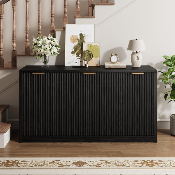55In Black Fluted Buffet Sideboard Cabinet with 3 Drawers 4 Doors and Adjustable Shelves