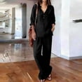 thumbnail image 4 of Guieoi Matching Outfits for Women Solid-Color Cotton-Linen Wide-leg Pants Set V-neck Button-down Long-sleeve Loose-fit Top + High-waisted Pants Two-Piece Set Black M, 4 of 9