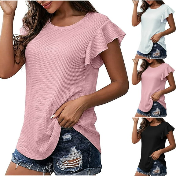 Elainilye Fashion Women's Shirts Rounk Neck Summer Short Sleeve Blouse T-Shirt Solid Loose Tops,Black