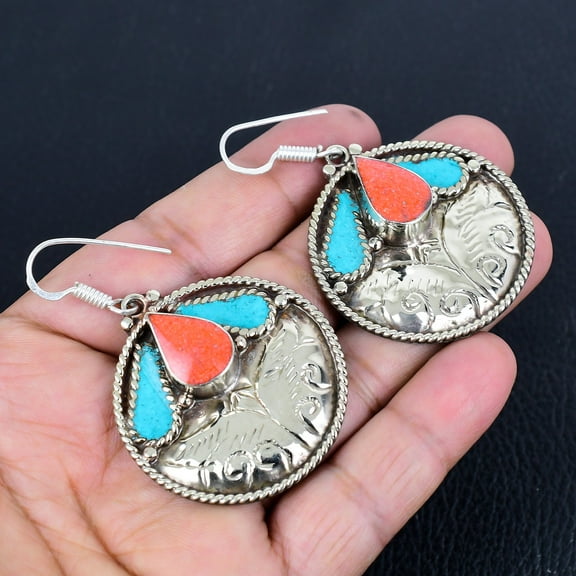 Red Coral Turquoise 925 Sterling Silver Vintage Gift Nepali Earring 2.4" VJ 5202