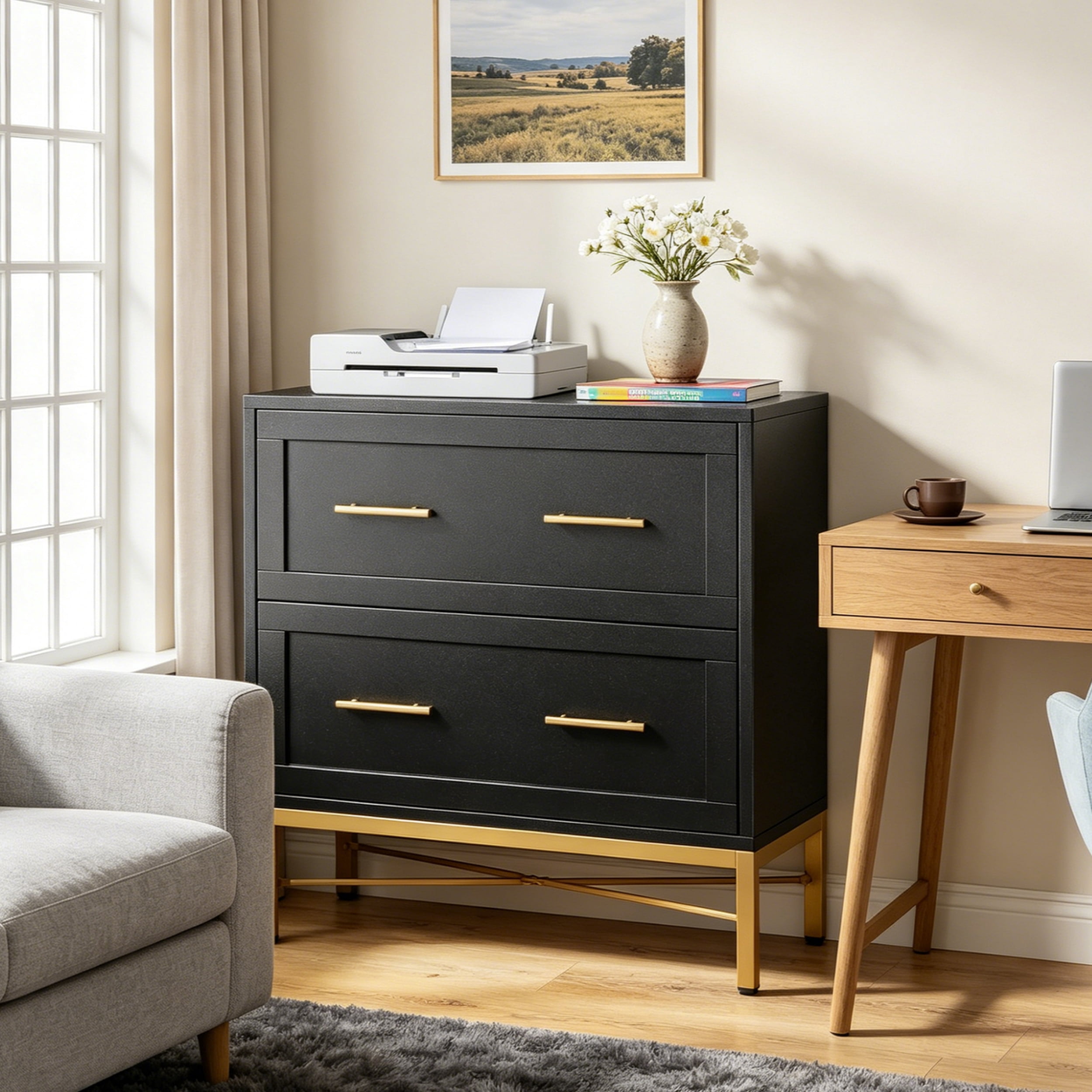 Fnova 2-Drawer File Cabinet, Filing Cabinet for Letter/Legal/A4 Size, Wood File Storage Organizer for Home Office, Black