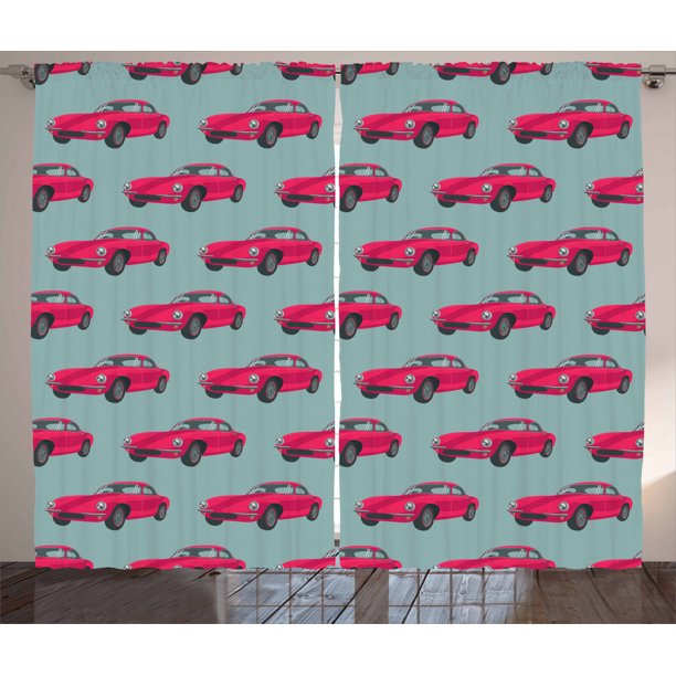Cars Curtains 2 Panels Set, Vintage Red Vehicles Retro Sports Cars from Sixties Fifties Driving