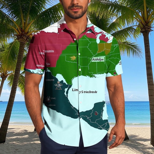 Blusa y camisa de manga corta con cuello vuelto para hombre, blusa informal de moda con cuello vuelto, blusa estampada de manga corta con botones, blusa de poliéster para hombre