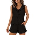 thumbnail image 3 of Womens 2 Piece Pajamas Set Ruffle Sleeveless V Neck Lace-up Tank Top & Shorts with Pockets Summer Loungewear (S, Black), 3 of 7