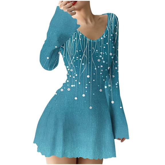 Yangnuo Womens V-Neck Long Sleeve Flared Mini Dress Irregular Print Wavy Hem Stretchy Casual A Line Dress