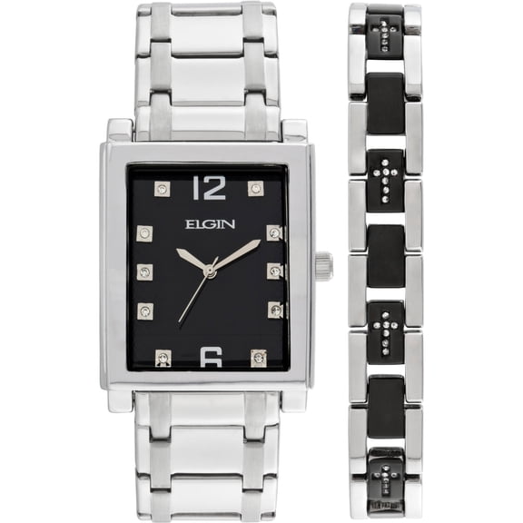 Elgin Quartz Analog Watch, Black Rectangle Dial, Silver and Black Bracelet, Men's (FG9060ST)