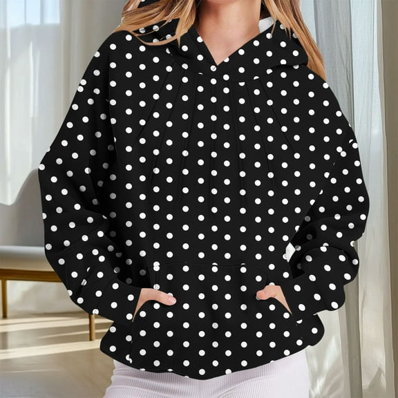 EchfiProm Hooded Sweatshirt for Women Black Hoodie Long Sleeve Polka Dot Loose Y2k Hoodie with Pocket