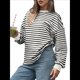 thumbnail image 3 of Sudadera de Cuello Redondo A Rayas de Gran Tamaño para Mujer, Jersey de Larga con Bloques de Color, Camiseta Informal Holgada para Hacer Ejercicio, Color M, 3 of 6