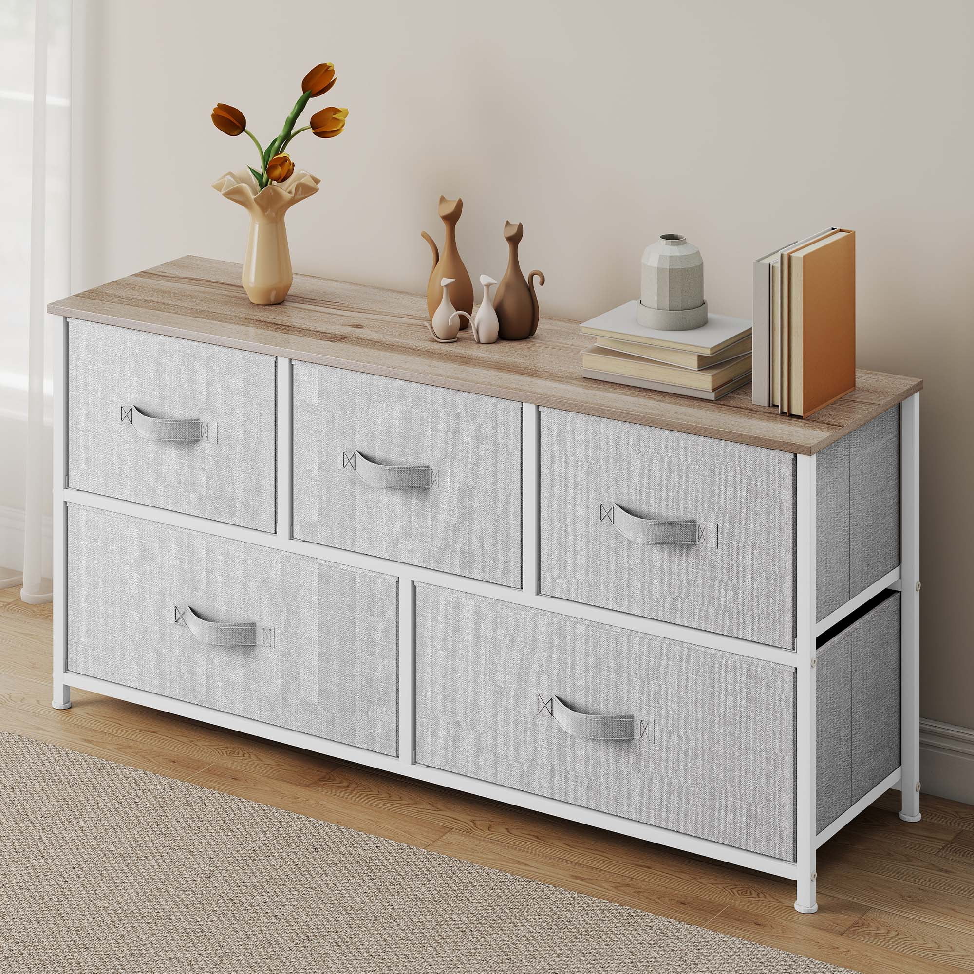 Uforic Fabric Dresser TV Stand with 5 Drawers, Wide Storage Tower Chest for and Closet Light Grey