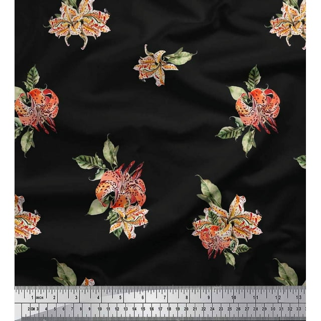 Soimoi Polyester Crepe Fabric Leaves & Lily Floral Fabric Prints by Yard 52 Inch Wide