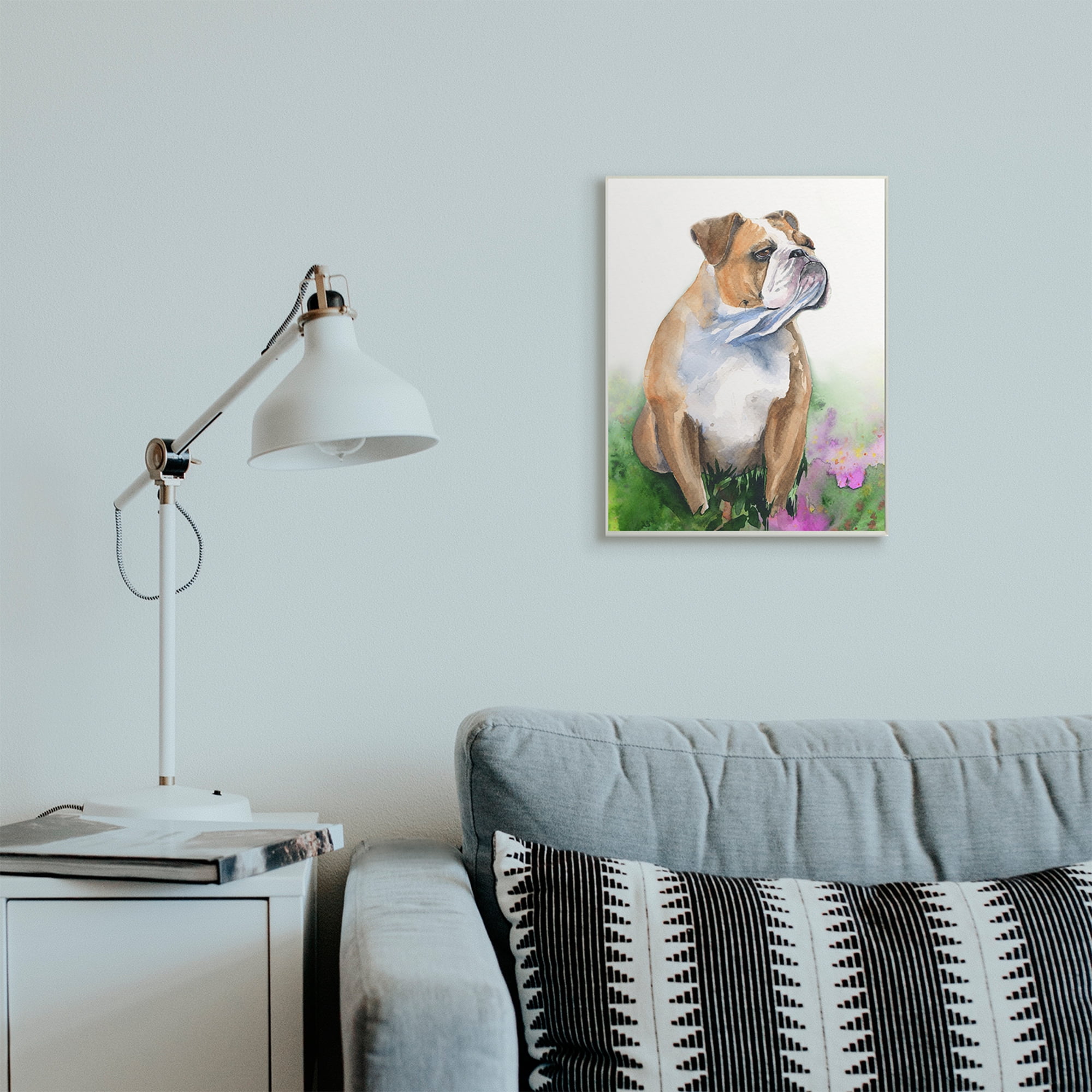 Stupell Industries English Bulldog Grassy Florals Soft Watercolor Portrait Wall Plaque, 13 x 19, Design by George Dyachenko