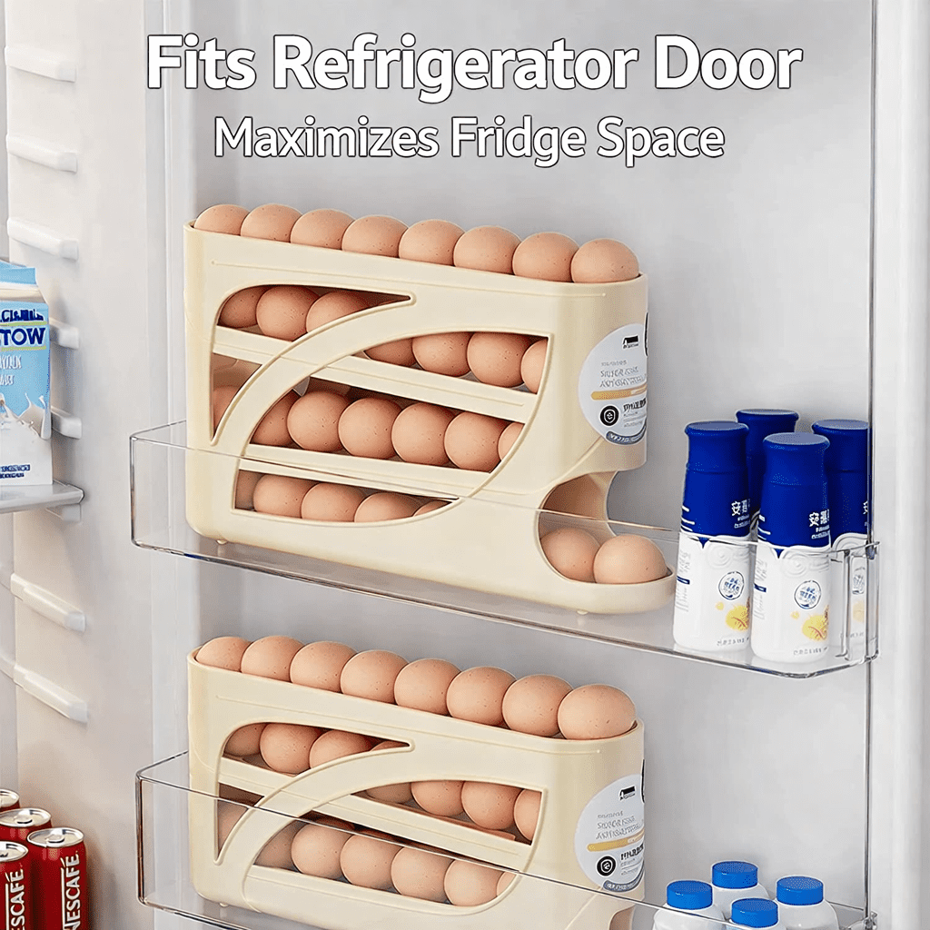 30 Egg Rolling Egg Holder for Refrigerator Door, Gravity Feed Egg Dispenser Rack, Space Saving Fridge Egg Organizer, Automatic Egg Storage Container