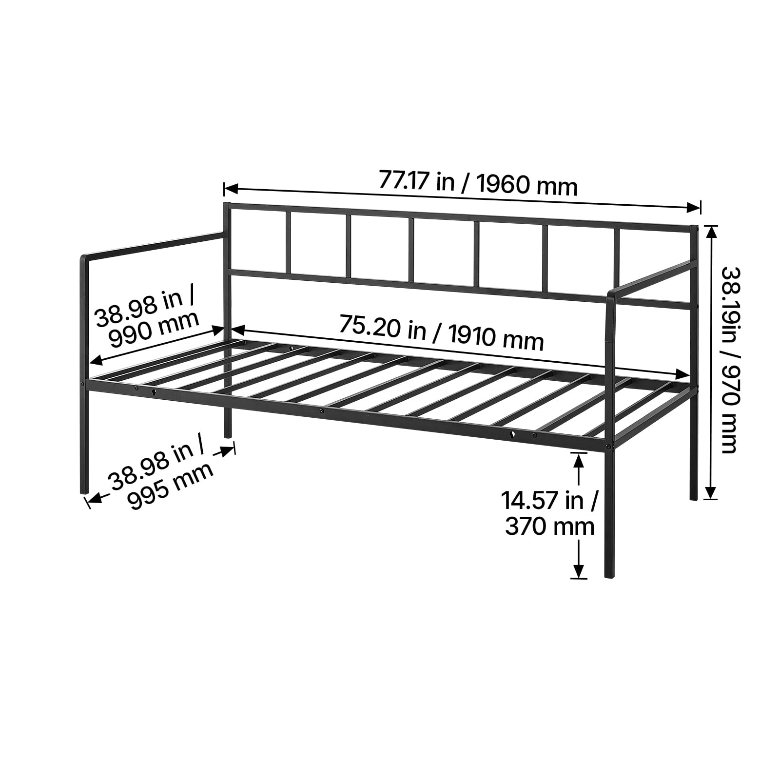 KFFKFF Twin Daybed Metal Frame with Under-Bed Storage, Ideal for Living Room, Bedroom, or Guest Room, Space-Saving Design, Durable Metal Construction, Simple Assembly, Without Trundle, Black