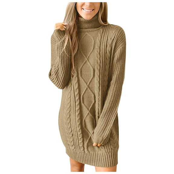 Ediodpoh Women Long Sleeved Round Neck Dress Knitted Pullover Sweater Dress for Women with Comfortable Fit Khaki S