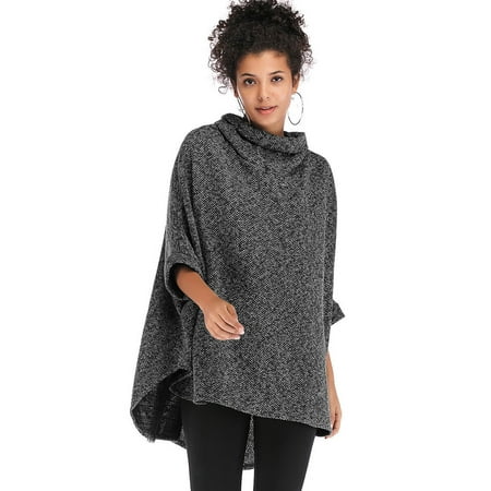 Women's Knitted Warm Sweater Cape Long Knitted Irregular Hem Sweatshirt Plus Size Turtleneck Cloak Bat Sleeve Blouse Tops