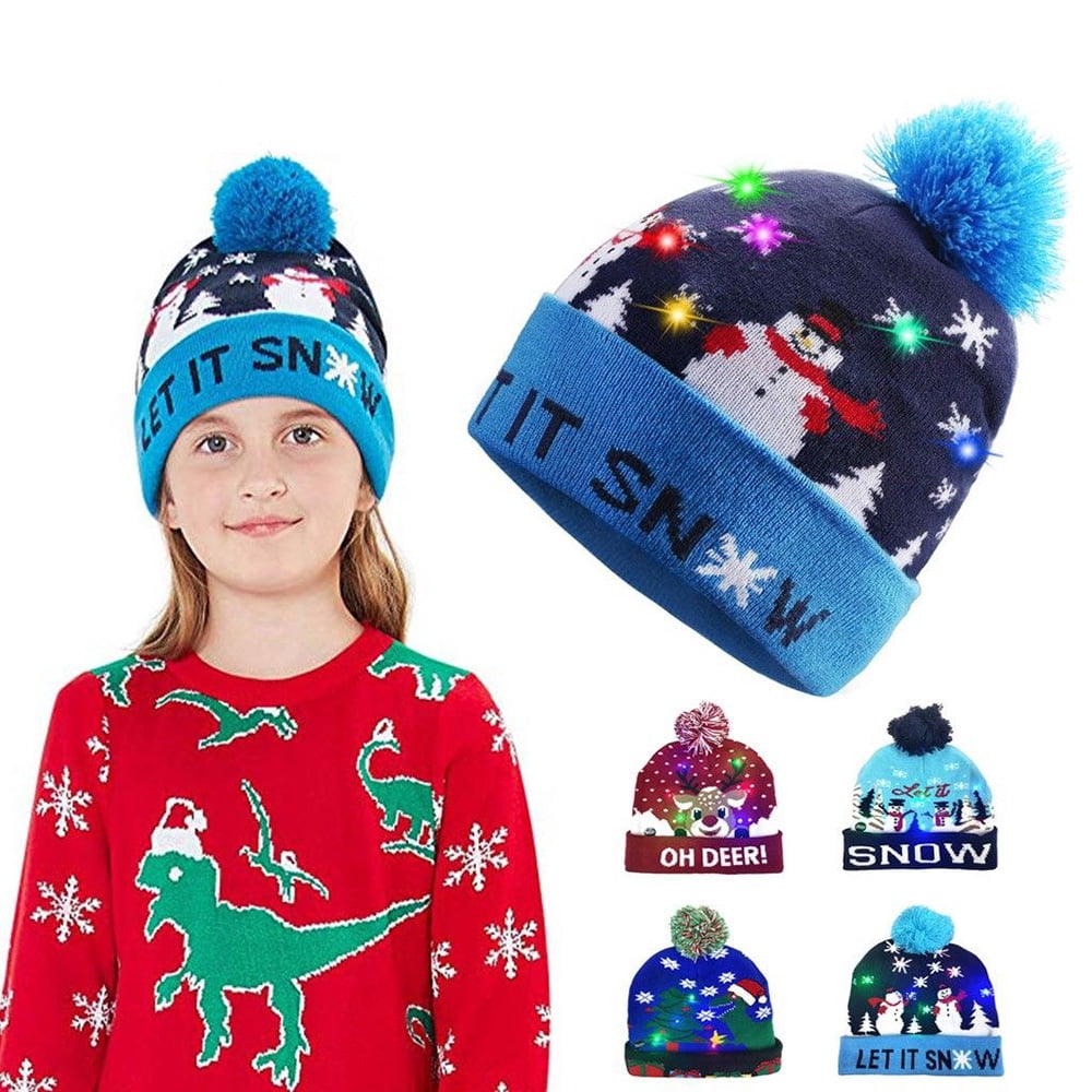 Light Up Christmas Hat LED Christmas Beanie, Cartoon Dog X-mas Knitted Hat for Adults and Kids New Year and X-mas Supplies Red