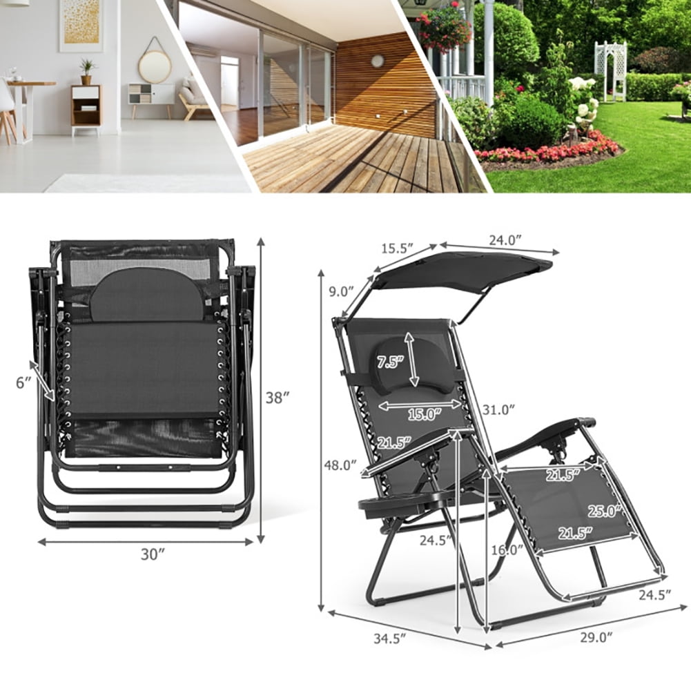 Aimee Lii Folding Recliner Lounge Chair with Shade Canopy Cup Holder, Outdoor Patio Furniture, Black