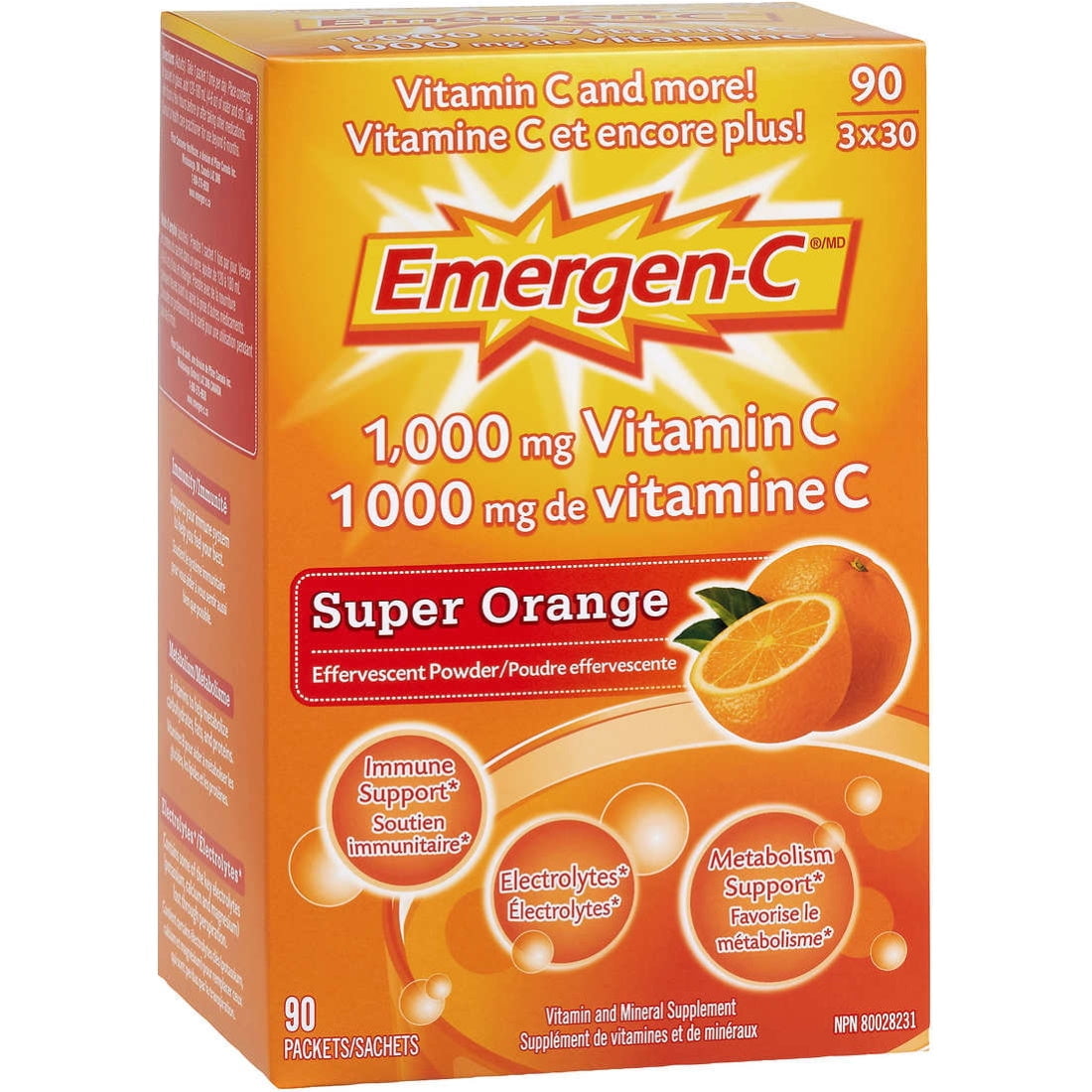 EmergenC Vitamin C 1000mg Powder Supplement Super Orange 90 Packets [Healthcare]