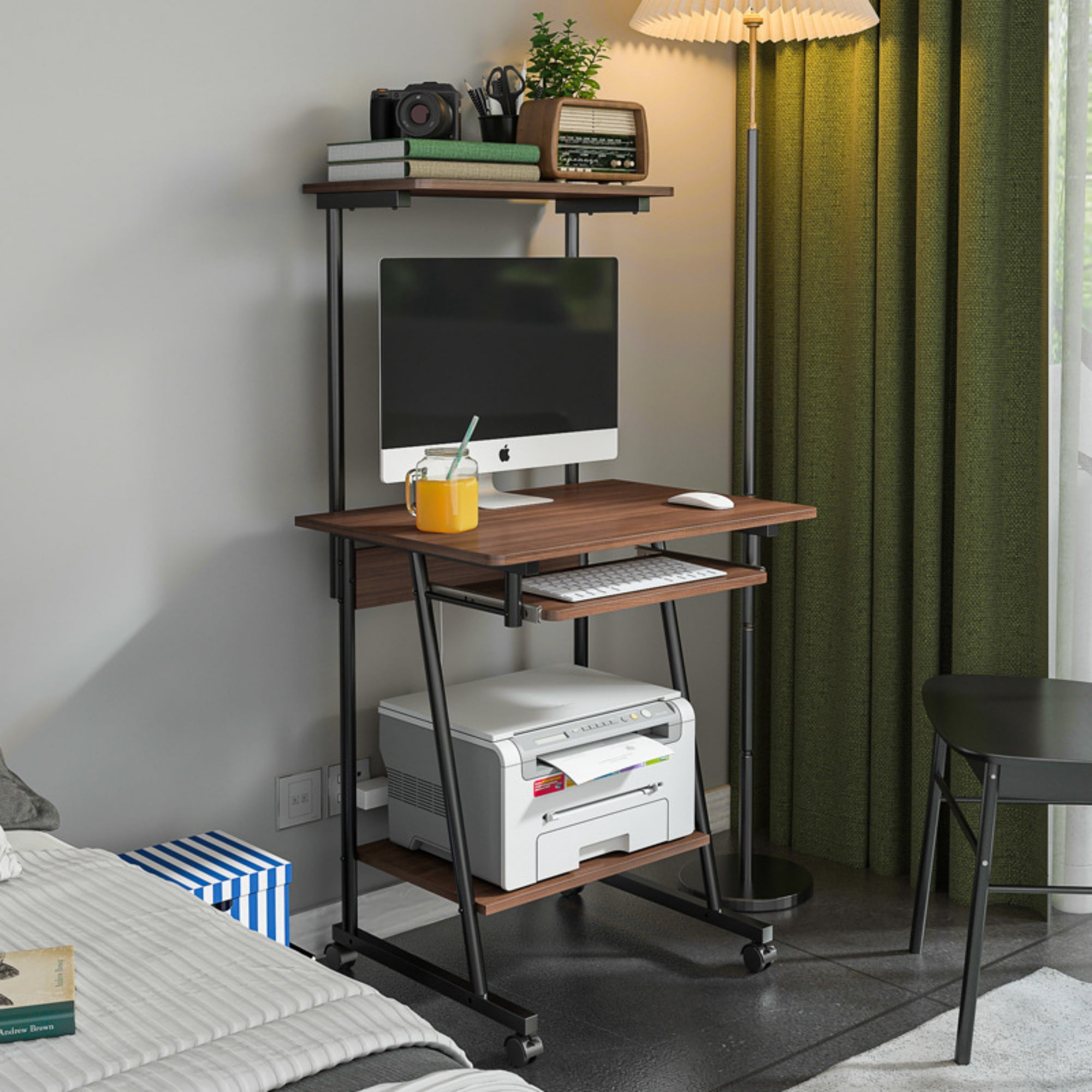 VGBYUJ Rolling Computer Desk, 3 Tier Mobile Computer Desk with Keyboard Tray & Print Shelf for Small Space, Home Office, Brown