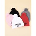 thumbnail image 1 of 5 Pcs/3 Pcs/1 Pce Bonnet Tricoté Chaud pour Enfants Automne/hiver avec Design Brodé de Garçon de Maman avec Pompon Protection des Oreilles Bonnets Chauds 5 Pcs Taille Unique, 1 of 5
