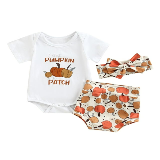 Ensemble de Vêtements de Récolte pour Bébé, Manches Courtes, Barboteuse à Imprimé Citrouille/lettre + Short Triangle à Imprimé + Bandeau à Nœud