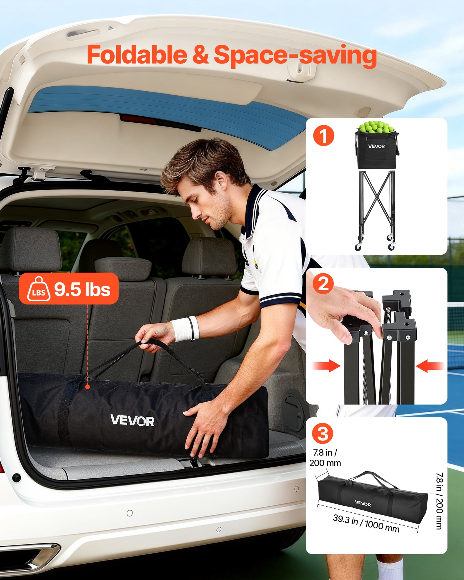VEVOR Tennis Ball Hopper, Holds 150 Tennis Balls, Foldable Pickleball Basket Cart with Wheels for Easy Pick Up, Lightweight Aluminum Alloy, Portable Pickleball Caddy with Storage Bag, for Training