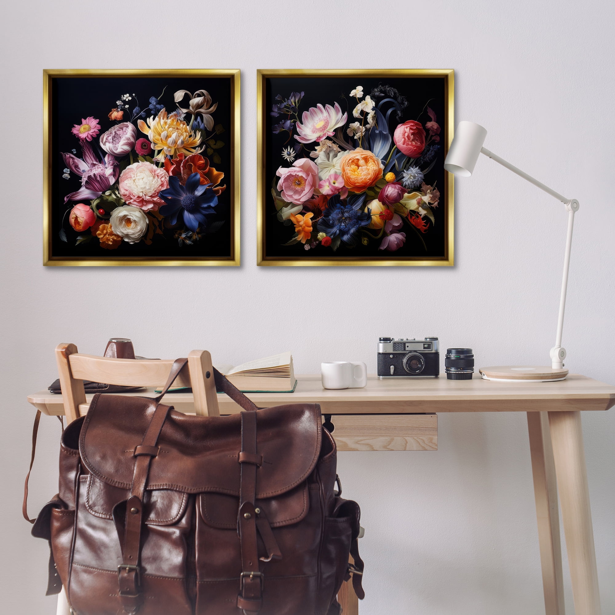Stupell Industries Exquisite Floral Arrangement Plants & Flowers Painting Gold Floater Framed Canvas Art Print Wall Art, 25 x 25, Set of 2