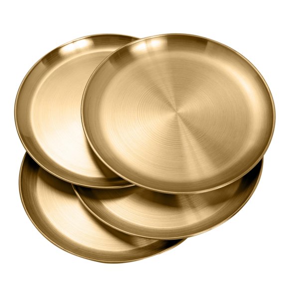 BlinkLLX 4 Pcs 18/8 Stainless Steel Plate Bulk 304 Stainless Steel Dishes 8 Inches Adult Reusable Camping Plates Dishwasher Safe Feeding Serving Flat Plate Double Layers Round Dessert(Gold)
