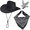 thumbnail image 1 of Conjunto de accesorios para disfraz de vaquero occidental, sombrero de vaquero, bandana, kit de águila voladora, atuendo de vaquero para fiesta de Halloween (negro), 1 of 5