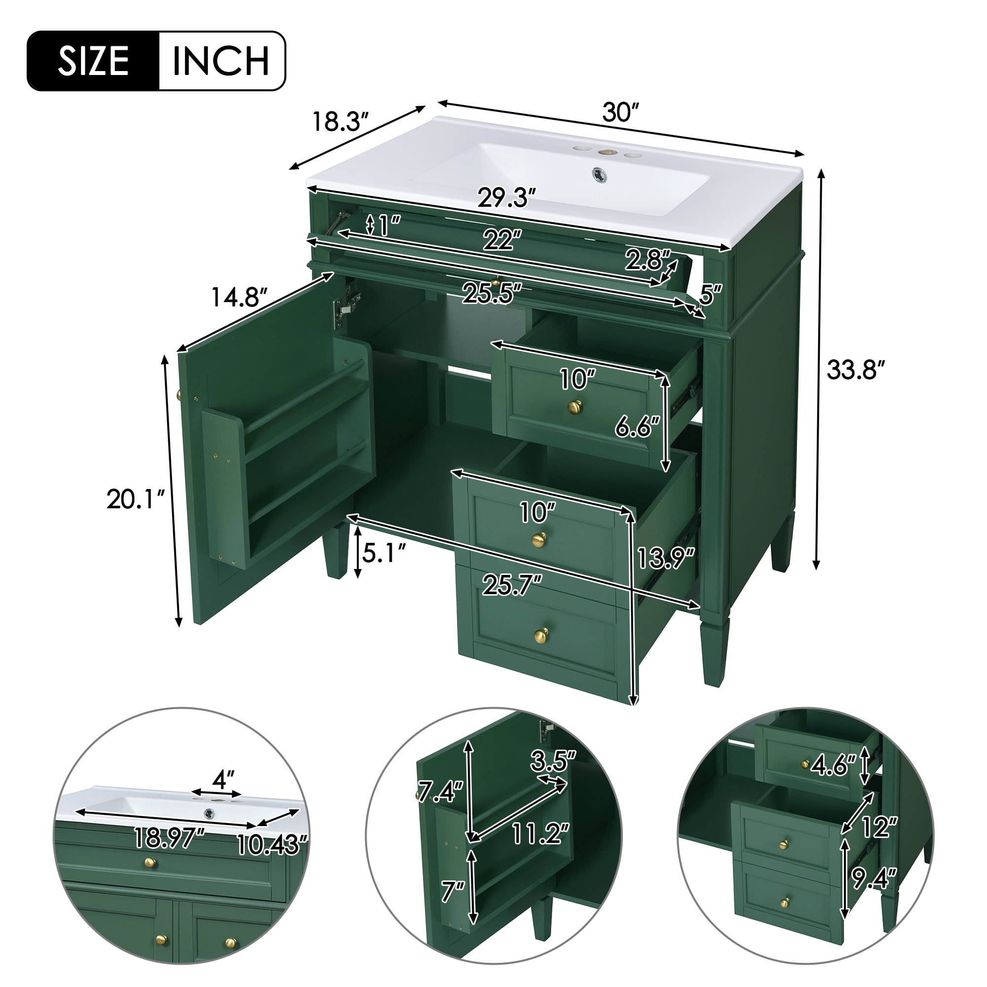 Euroco Modern Bathroom Vanity with Drawers, Cabinet Door Organizer & Tip-Out Tray,Freestanding Storage Cabinet with Sink Compatibility