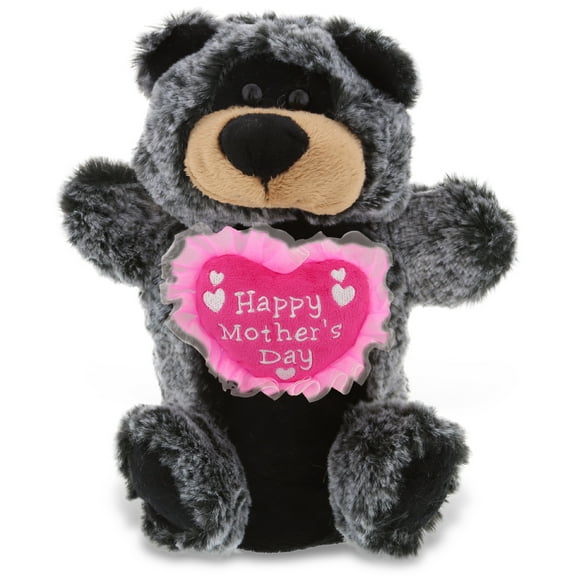 DolliBu Happy Mother's Day Black Bear Plush Hand Puppet - Cute Stuffed Animal Present With Pink Heart Message for Best Mommy, Grandma, Wife, Daughter - Cute Wild Life Plush Puppet Toy Gift - 9 Inches