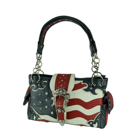 Side Buckle Handbag - American Flag Rhinestone Buckle Western Concealed Carry Handbag