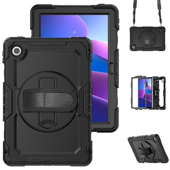 Case for Lenovo Tab 10.1 inch 2025 Release (TB-311FU/TB-311XU) with Screen Protector, 360 Degree Rotating Kickstand Hand Strap Heavy Duty Shockproof Cover with Shoulder Strap, Black
