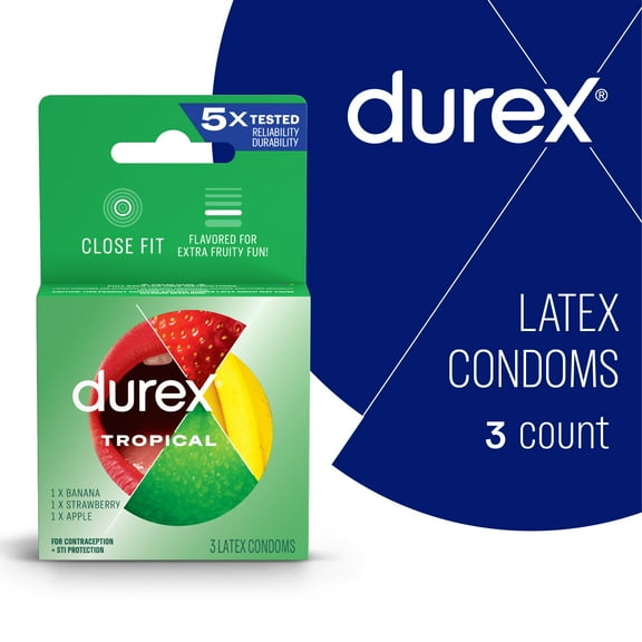Durex Tropical Condoms, Natural Rubber Latex Condoms for Men, Close Fit, FSA & HSA Eligible, Exciting Flavors, 3 Count