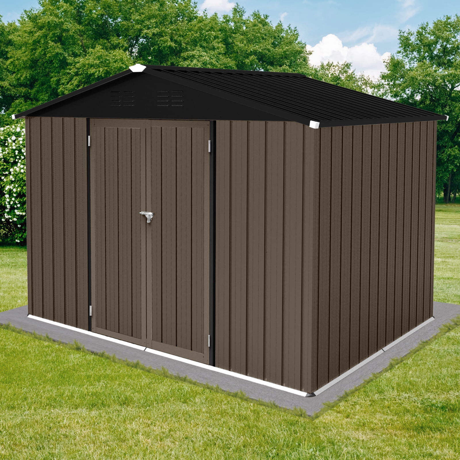 Alvantor Outdoor Storage Shed Metal Garden Shed with Apex Roof & Hinged Door,Brown + Black,8x6 FT