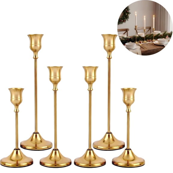 Set of 6 Gold Metal Taper Candlestick Holders – Brass Finish for Table, Mantel & Wedding Decor
