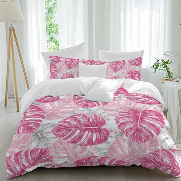 Tropical Plant Queen Size Comforter Set, Pink Palm Leaf Country Texture Bedding for All Seasons, 4 Pcs Bed Set, 1Quiltcover (90"x92") ,1Sheet(94"x116"), 2Pillowcases (30"x20")
