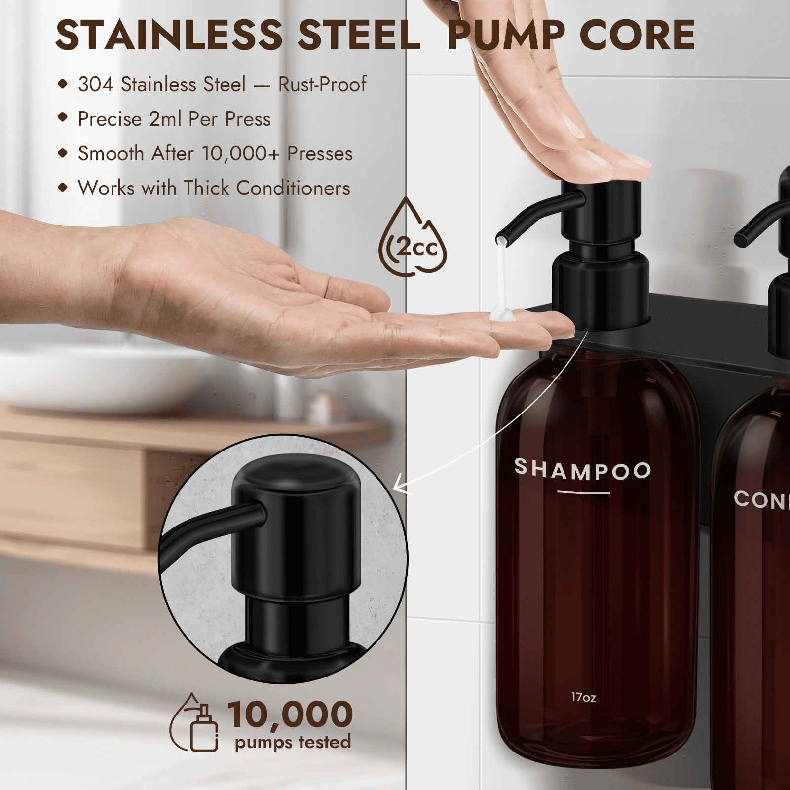 Nurforta Shampoo and Conditioner Dispenser - Shower Soap Dispenser Wall Mounted - 17 fl oz Set of 3 Brown Plastic Bottles with Stainless Steel Pumps & No-Drill Adhesive Holders for Bathroom