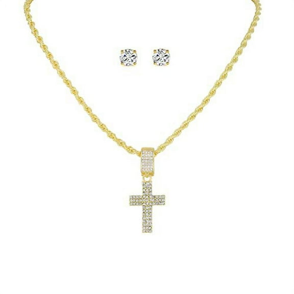 product image Slay Queen w/ Ladies on Fire Hip Hop Jewelry Necklace, Pendant, and Earrings Bling Set - TPBE-01 (18, Rope Chain Gld Stone Cross)