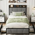 thumbnail image 5 of Memoryfield Twin Size Bed Frame with 2 Storage Drawers and Charging Station, Rustic Linen Upholstered Platform Bedframe with Storage Headboard, Heavy Duty, No Box Spring Needed,Gray, 5 of 7