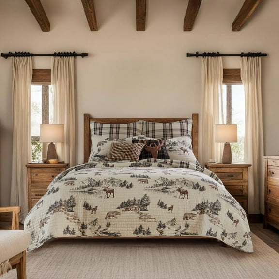 Levtex Home - Lodge Toile Quilt Set - Full/Queen Quilt and Two Standard Shams - Mountain Lodge - Brown Cream Charcoal - Quilt (88x92in.) and Shams (20x26in.) - Reversible - Cotton