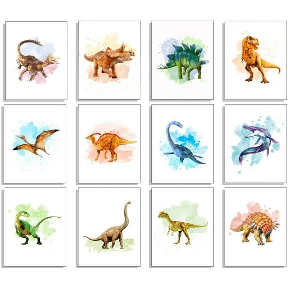 Dinosaur Poster Watercolor Wall Decor Set of 12 8x10 Inch - Dinosaur Decor Posters For Boys Room - Toddler Nursery Decor- UNFRAMED