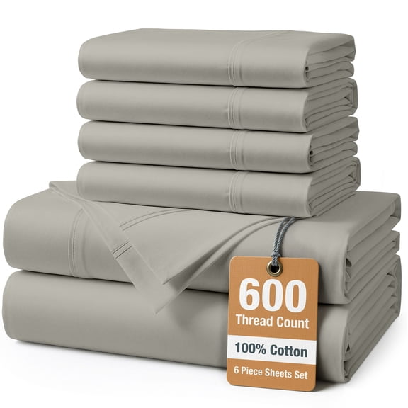 Casa Platino 100% Cotton Sheets Set – 6 Piece Queen Size Sheets 600 Thread Count, Fully Elasticized15" Deep Pocket Queen Sheets, Buttery Soft Sateen Finish For Night Comfort – Silver