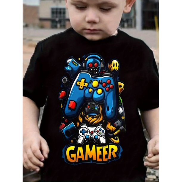 Boy'S Casual "Gamer" Graphic Tee - Vibrant Blue & Red Design with Game Controller & Skulls Short Sleeve Round Neck Lightweight & Stretchy Casual Wear Tee Playful Print Comfortable Fit Gaming Tshirt