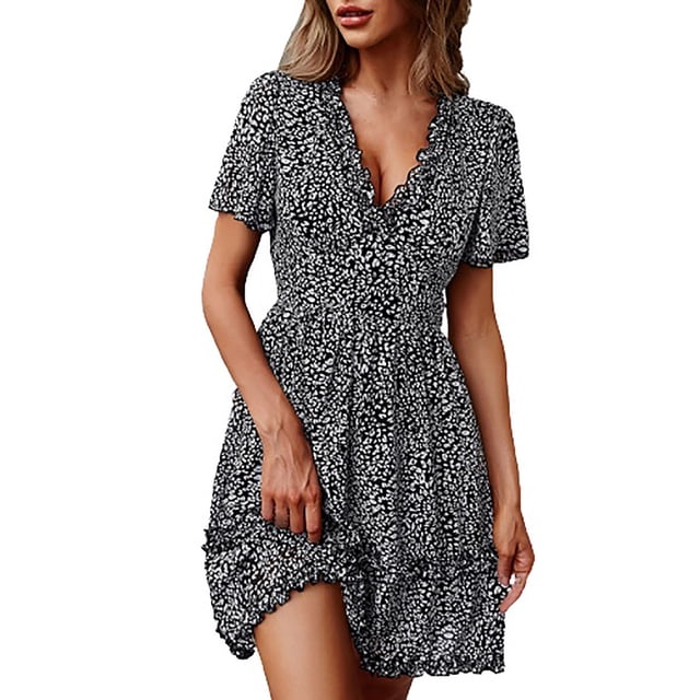 Vestido casual de manga corta con cuello en V y estampado de leopardo de verano para mujer Fridja bnh3623