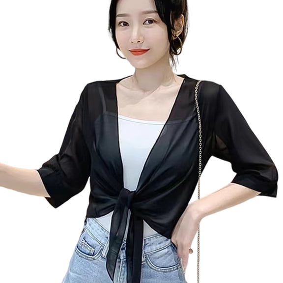 Womens Boleros Shrug Soft Chiffons Shawl Wrap Sheer Short Sleeve Open Front Tie Cropped Cardigans